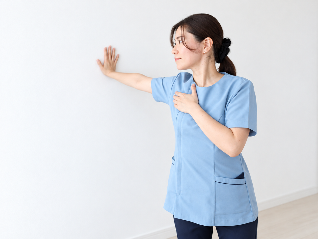 壁に手を付け、胸を広げるように上半身を、逆方向に捻っていく様子