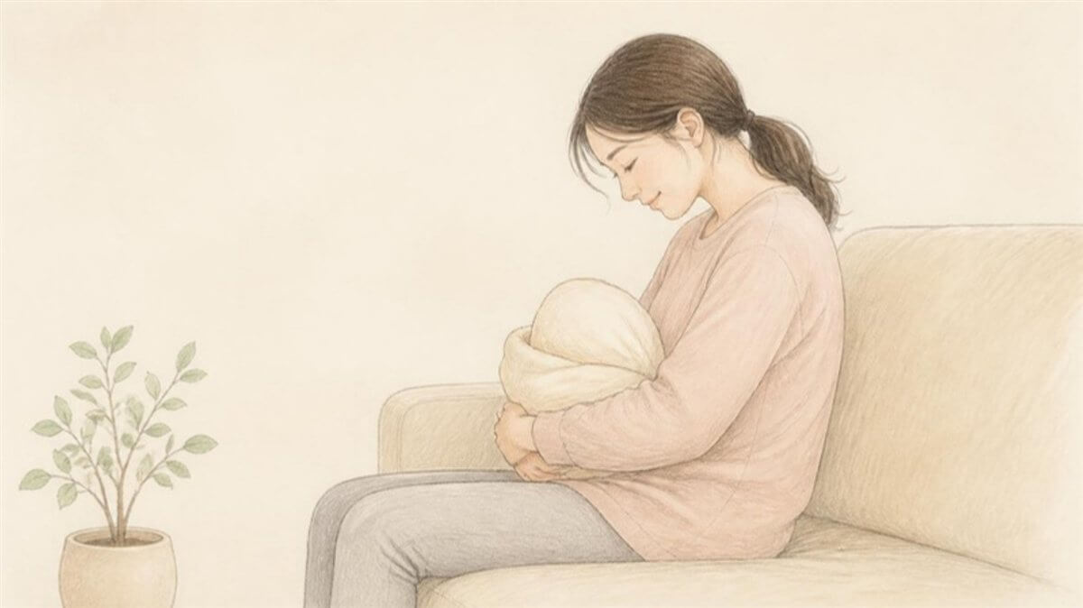 赤ちゃんを抱いて、少し背中を丸めて座る女性のイラスト